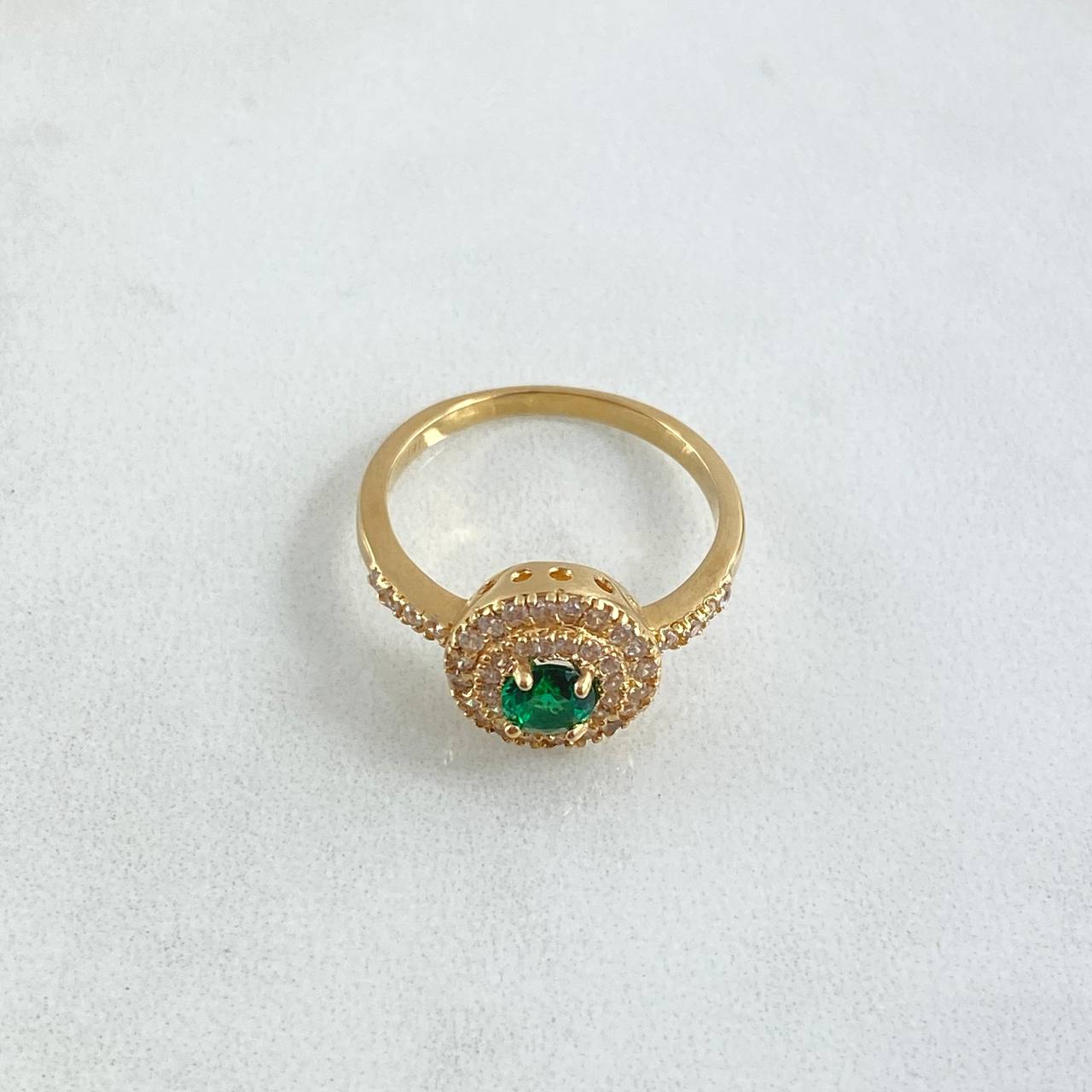 Ring Solitaire Dense Circular Halo 3.85gr / Size 6 1/4 / White Zircons - 18K Yellow Gold Green