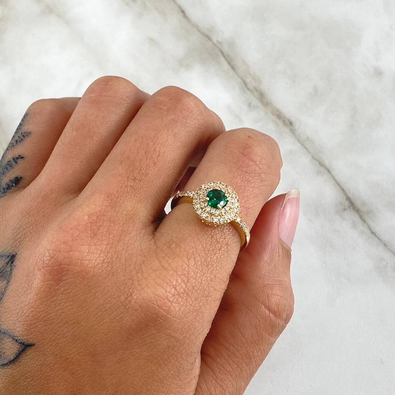 Ring Solitaire Dense Circular Halo 3.85gr / Size 6 1/4 / White Zircons - 18K Yellow Gold Green