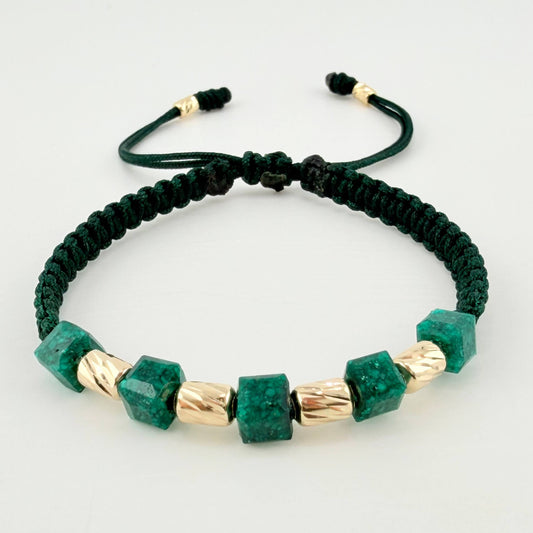 Pulsera Verde Morralla Cubica 4mm Cilindros 6und / Oro Amarillo 18K ©