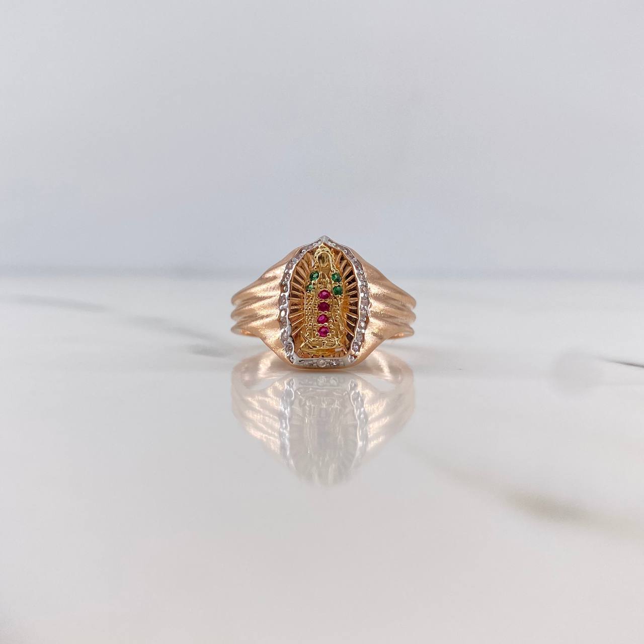 Virgin of Guadalupe Ring 4.05gr / Size 8 / White, Green, Fuchsia Zircons Three 18K Golds &