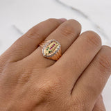 Virgin of Guadalupe Ring 4.05gr / Size 8 / White, Green, Fuchsia Zircons Three 18K Golds &