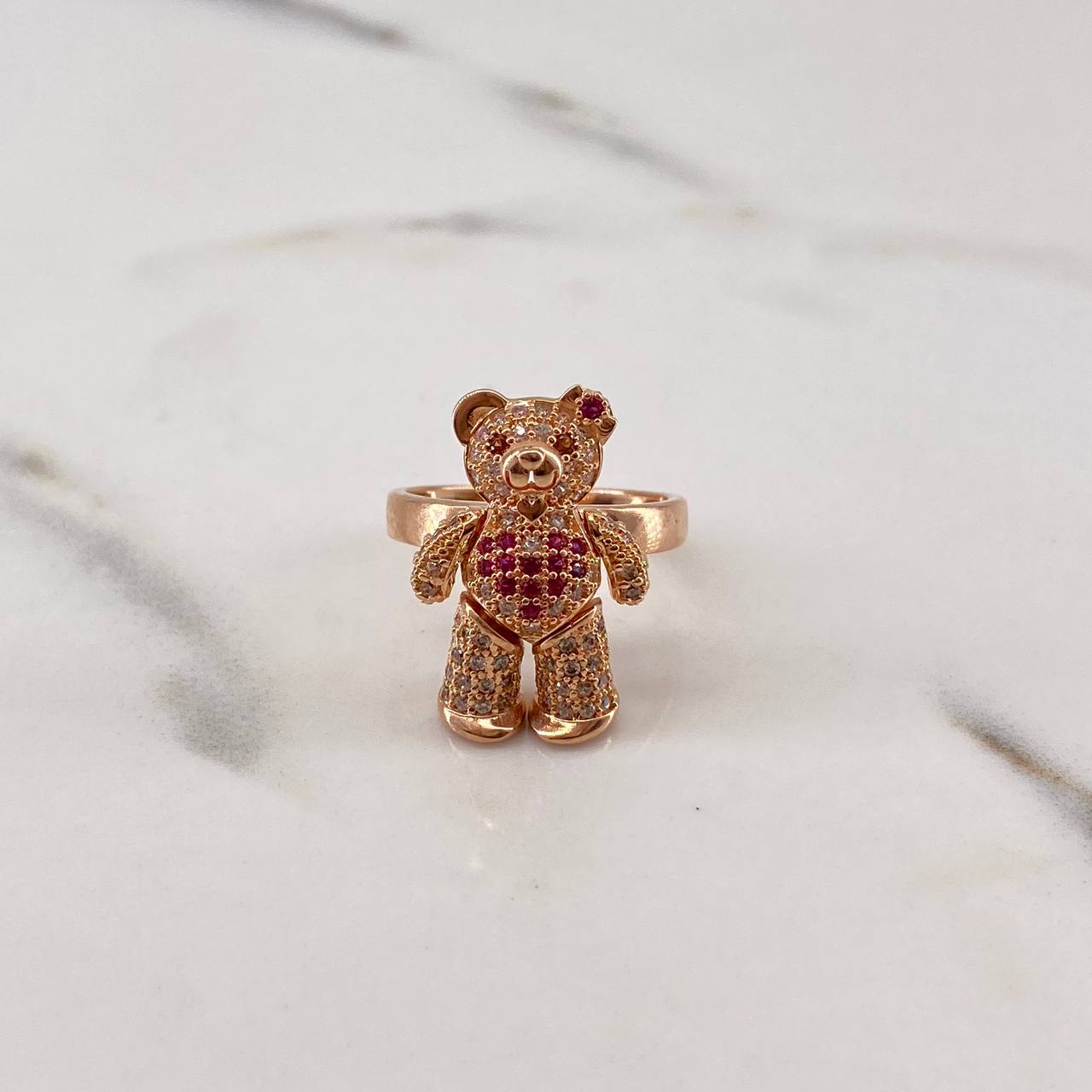 Articulated Bear Ring 5.8gr / Size 5 3/4 / White, Brown, Fuchsia Zircons 18K Yellow Gold &