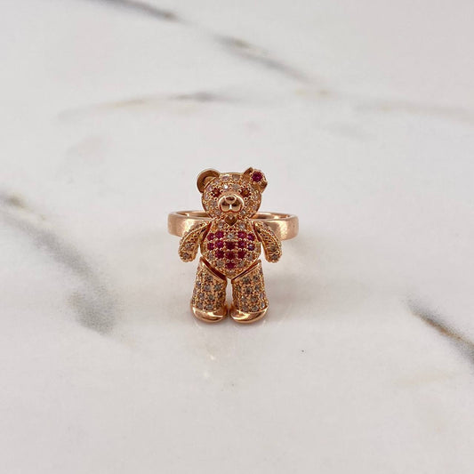 Articulated Bear Ring 5.8gr / Size 5 3/4 / White, Brown, Fuchsia Zircons 18K Yellow Gold &