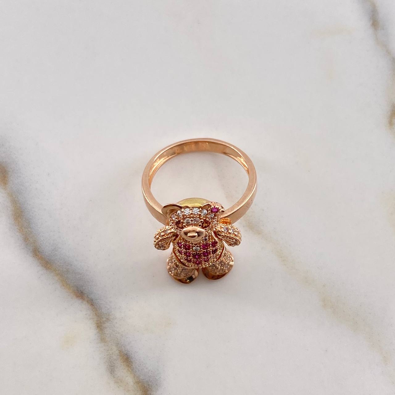 Articulated Bear Ring 5.8gr / Size 5 3/4 / White, Brown, Fuchsia Zircons 18K Yellow Gold &