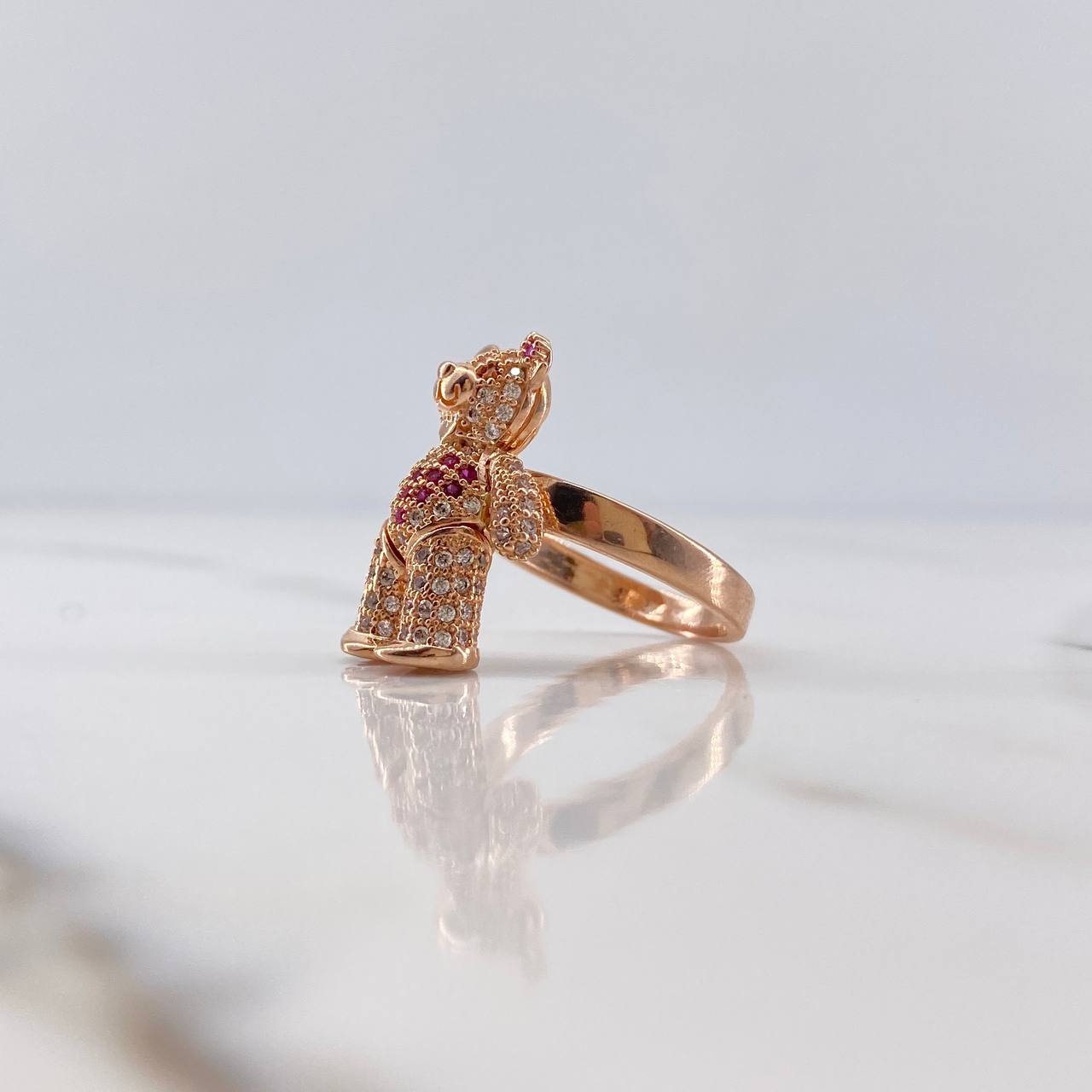 Articulated Bear Ring 5.8gr / Size 5 3/4 / White, Brown, Fuchsia Zircons 18K Yellow Gold &