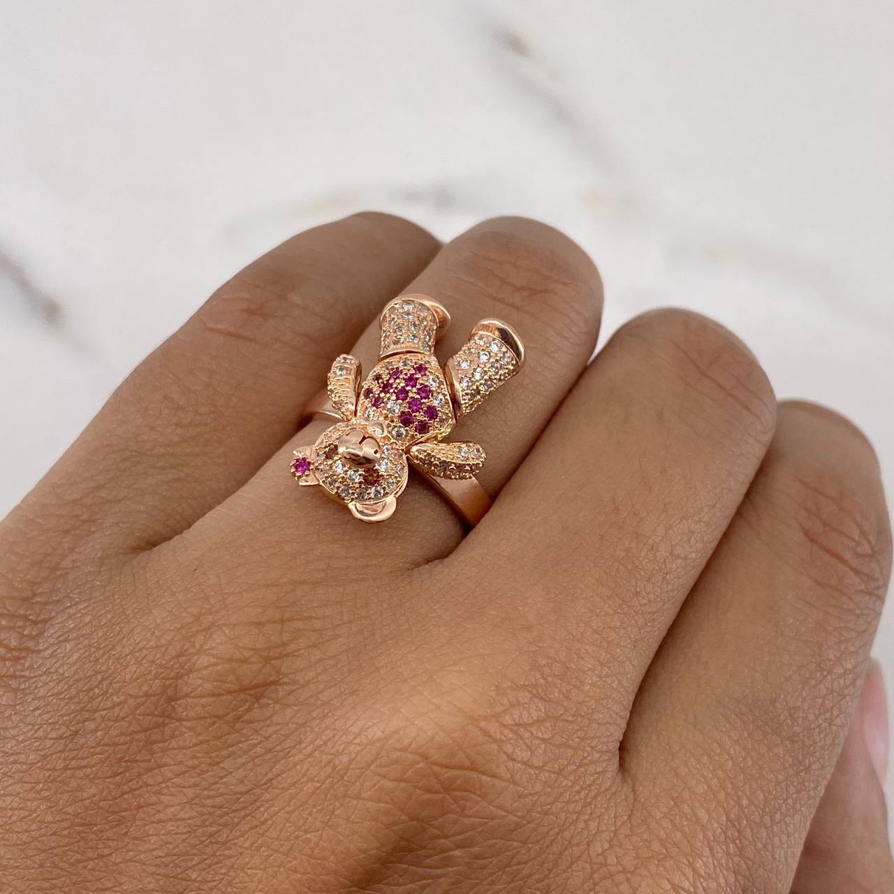 Articulated Bear Ring 5.8gr / Size 5 3/4 / White, Brown, Fuchsia Zircons 18K Yellow Gold &