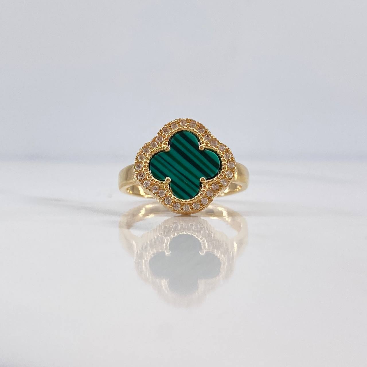 Anillo Trebol 3.95gr / T7 1/4 / Malaquita Verde Circones Blancos Oro Amarillo 18K &