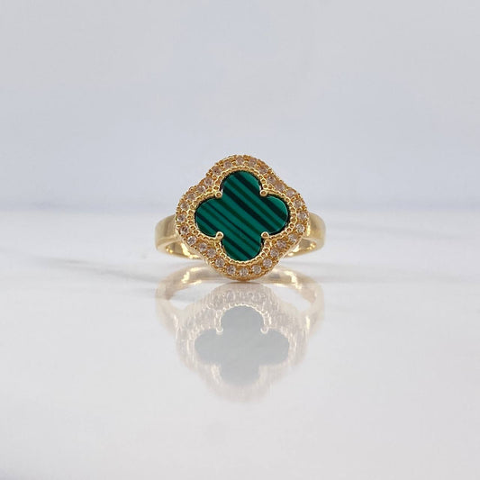 Anillo Trebol 3.95gr / T7 1/4 / Malaquita Verde Circones Blancos Oro Amarillo 18K &