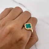 Anillo Trebol 3.95gr / T7 1/4 / Malaquita Verde Circones Blancos Oro Amarillo 18K &