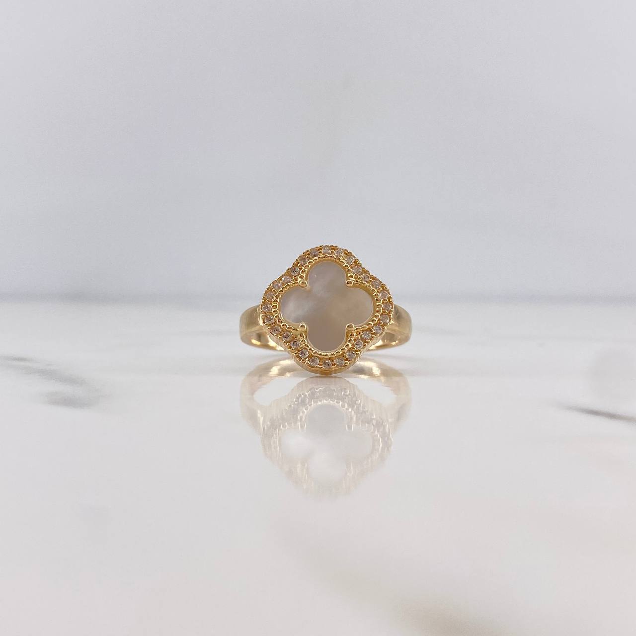 Anillo Trebol 3.85gr / T7 / Nacar Blanco Circones Blancos Oro Amarillo 18K &