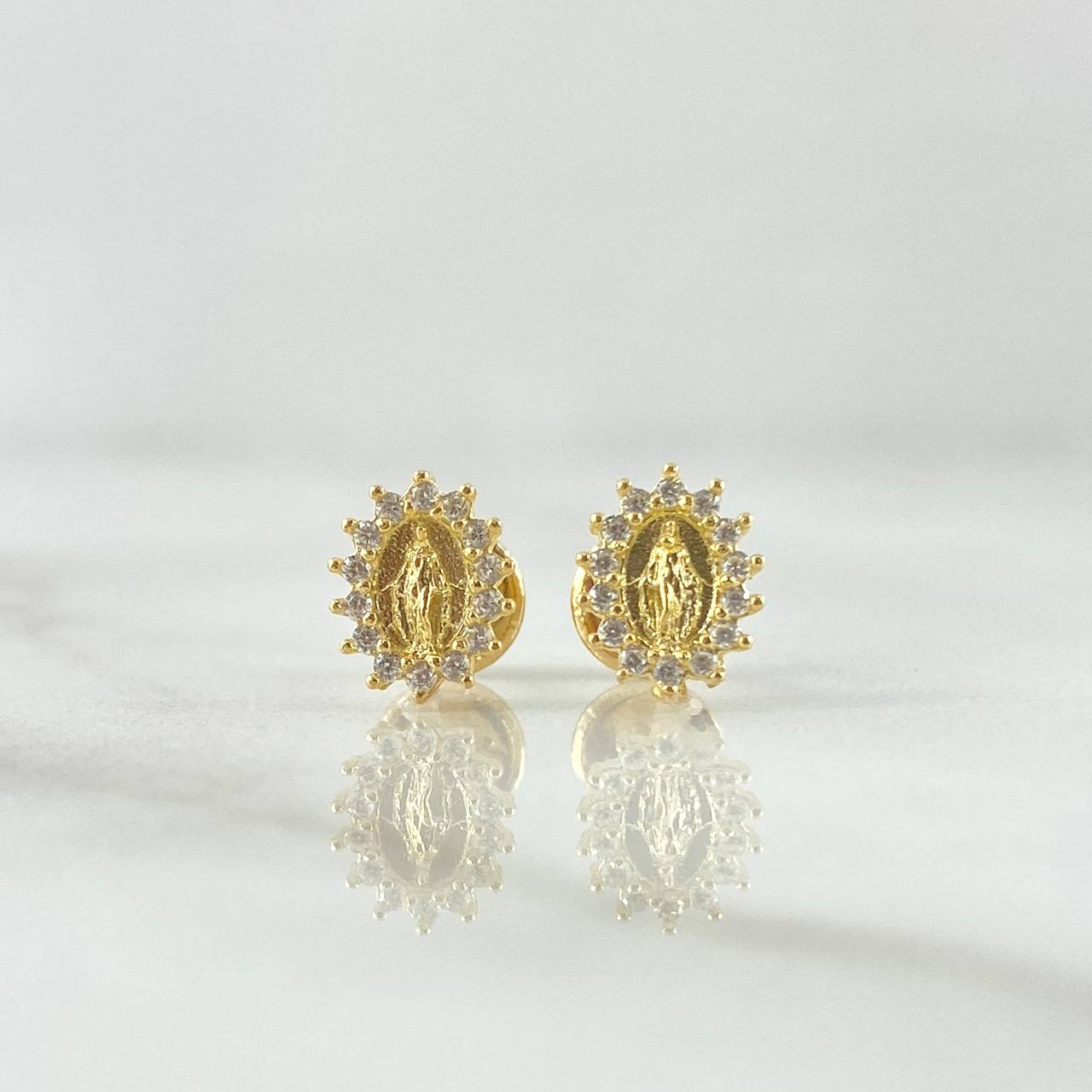 Stud Earrings Virgen Milagrosa 1.1gr / 8mm White Zircons 18K Yellow Gold ©