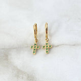 Candongas Cruz Tupida Colgante 2.7gr / 2.2cm / Circones Verdes Oro Amarillo 18K *