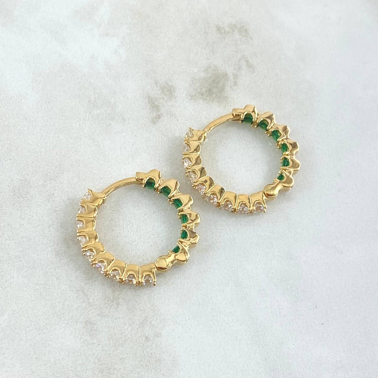 Hoop Earrings Double Internal Thick Channel 7.1gr / 2.1cm / White Green Zircons 18K Yellow Gold *