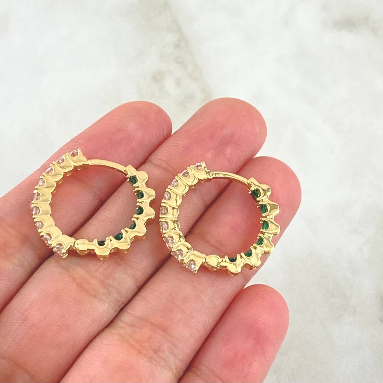 Hoop Earrings Double Internal Thick Channel 7.1gr / 2.1cm / White Green Zircons 18K Yellow Gold *