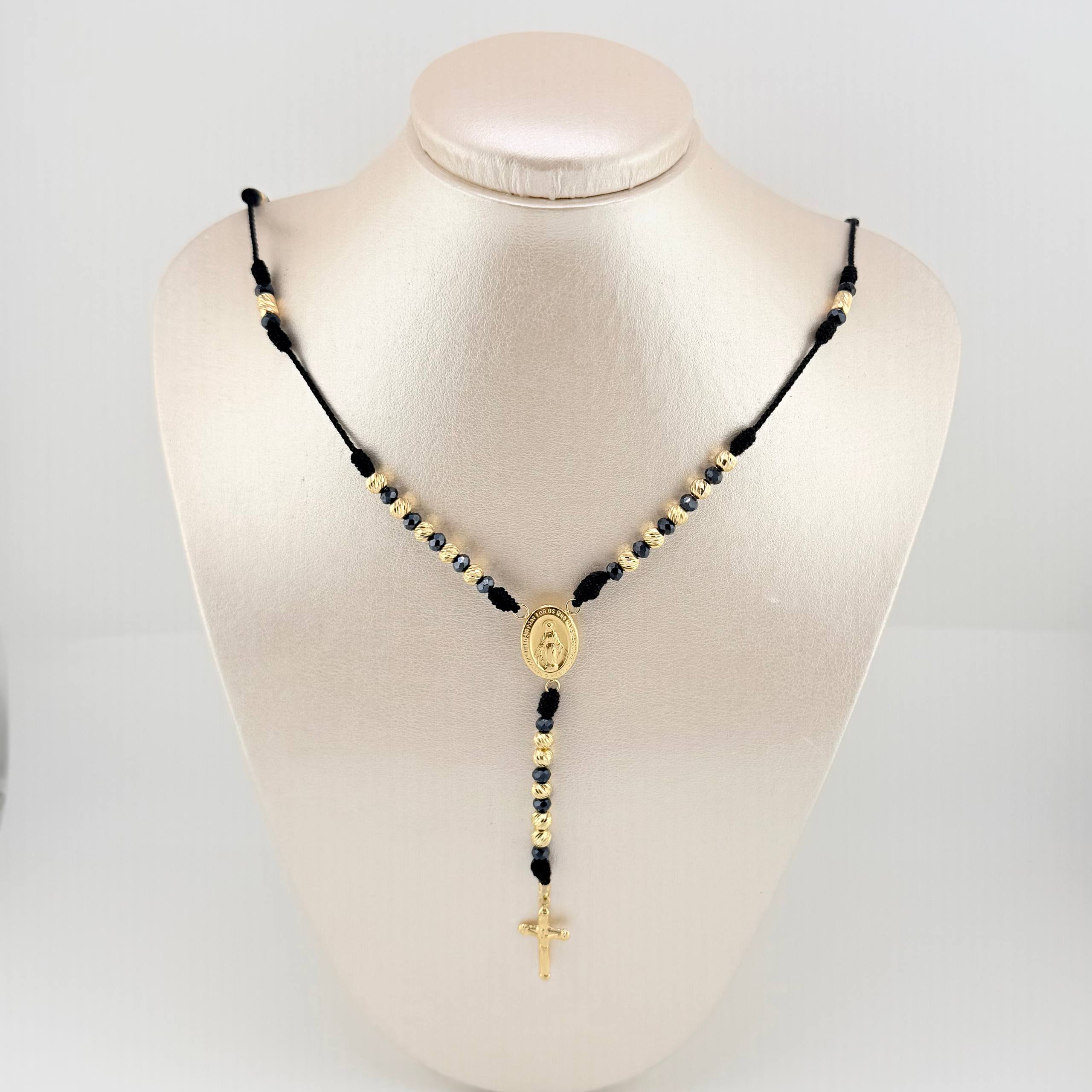 Rosario Negro Virgen Milagrosa Cruz Cristo 34und 6.25gr / 24 1/2 in / 5mm Oro Amarillo 18K *