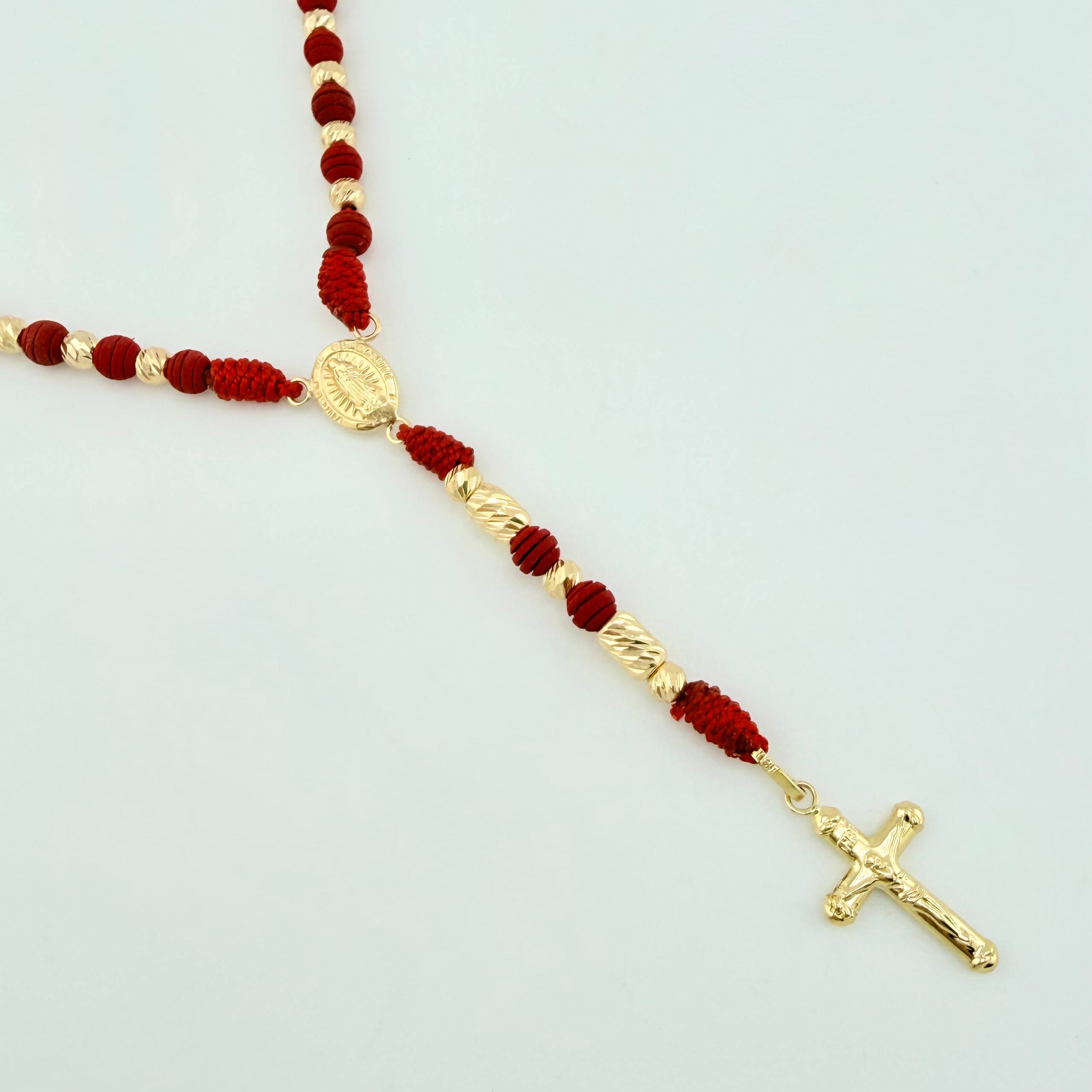 Rosario Rojo Virgen Guadalupe Cruz Cristo 34und 4.3gr / 24 1/2 in / 4mm Oro Amarillo 18K *