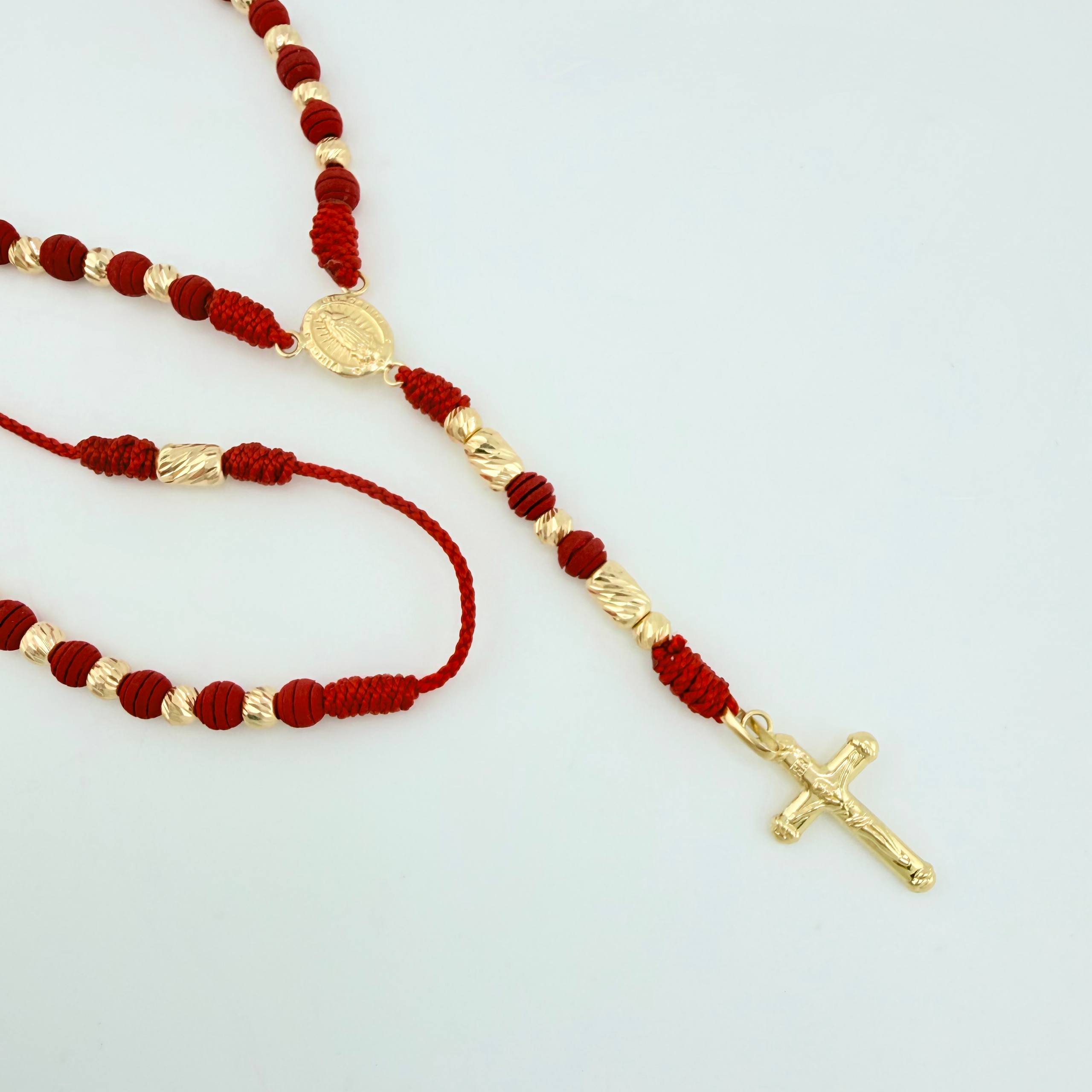Rosario Rojo Virgen Guadalupe Cruz Cristo 34und 4.3gr / 24 1/2 in / 4mm Oro Amarillo 18K *