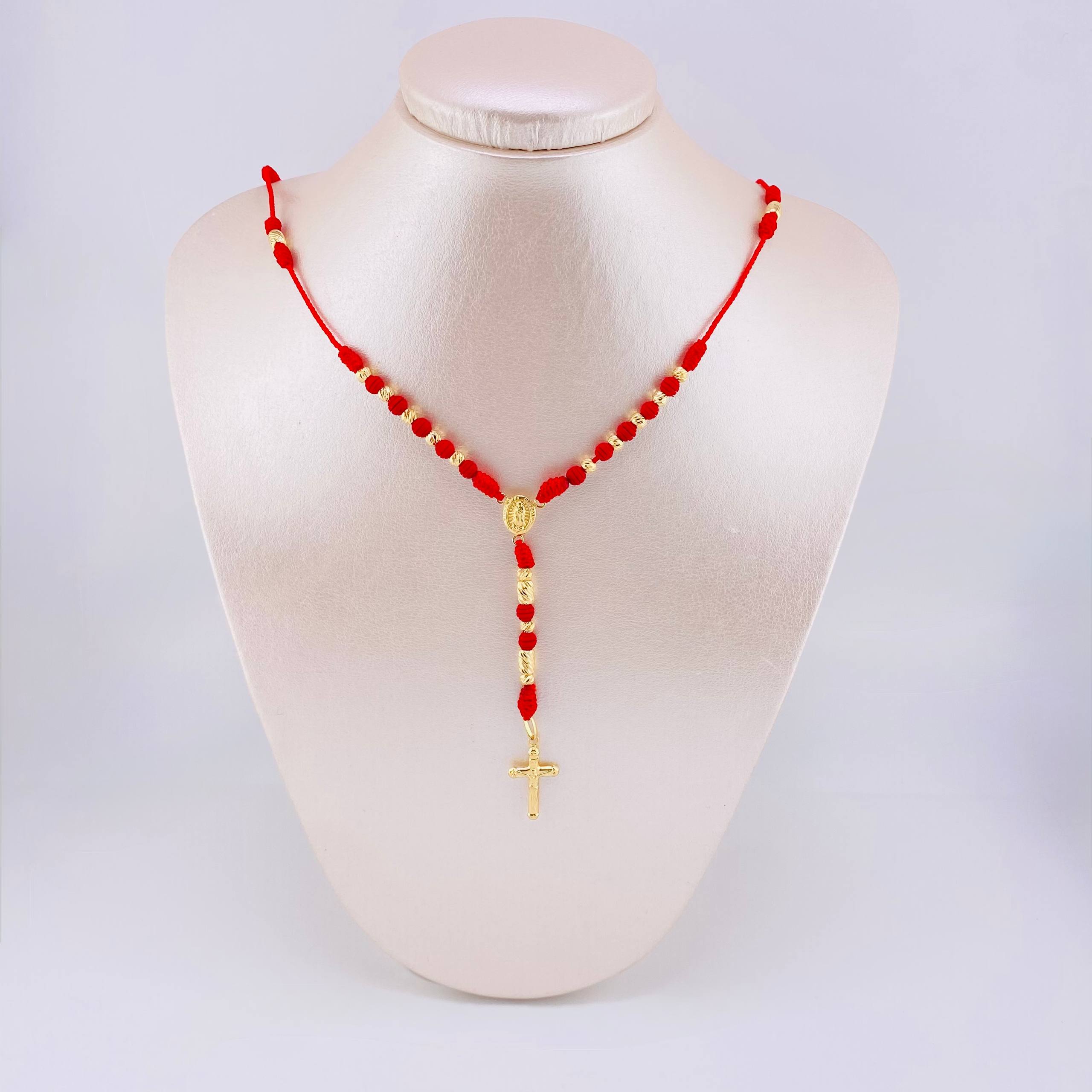Rosario Rojo Virgen Guadalupe Cruz Cristo 34und 4.3gr / 24 1/2 in / 4mm Oro Amarillo 18K *