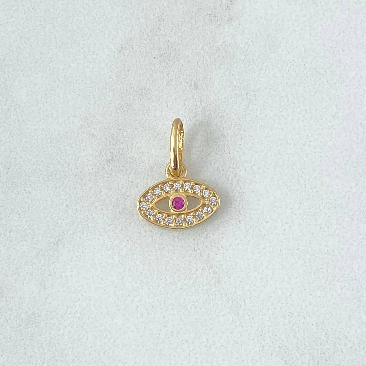 Pendant Turkish Eye 0.65gr / 1.4cm / White and Fuchsia Zircons 18K Yellow Gold *