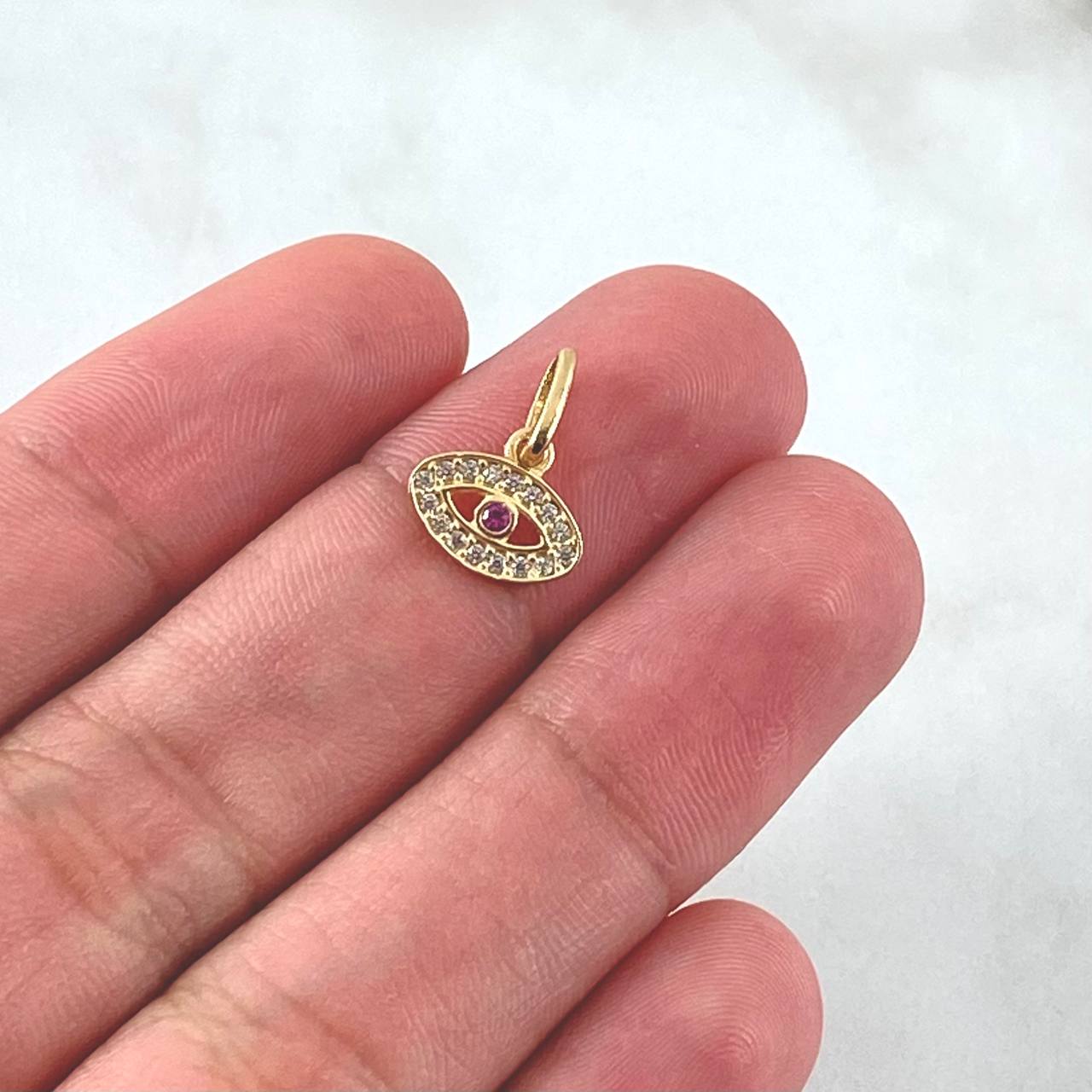 Pendant Turkish Eye 0.65gr / 1.4cm / White and Fuchsia Zircons 18K Yellow Gold *