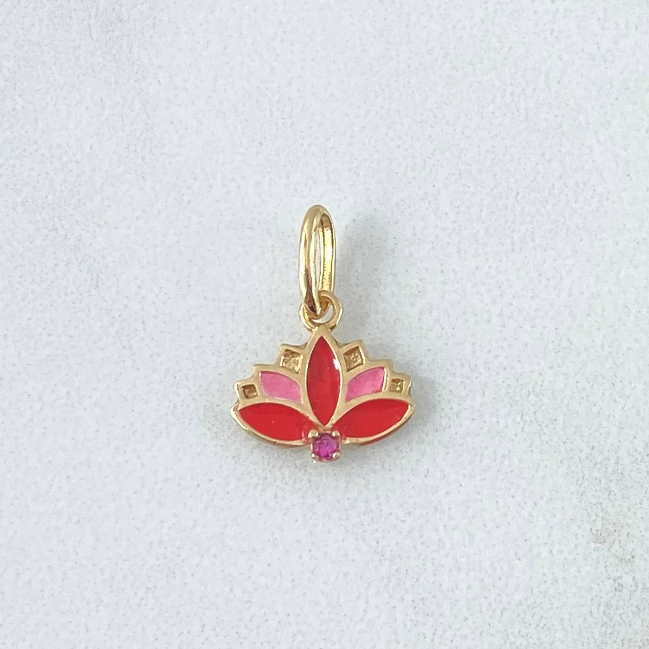 Pendant Flor India 0.75gr / 1.7cm / Pink Resin Red Zircon Fuchsia 18K Yellow Gold ©