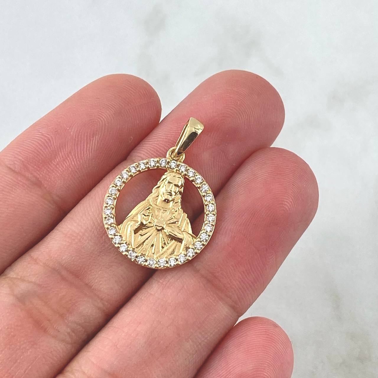 Pendant Sacred Heart of Jesus 1.95gr / 2.3cm / White Zircons 18K Yellow Gold
