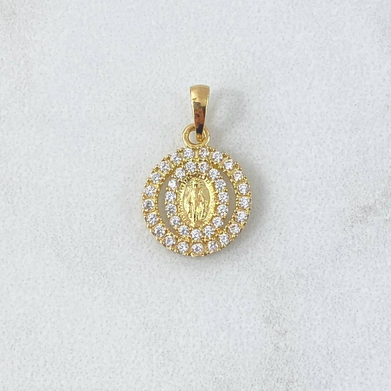 Dije Virgen Milagrosa Doble Aro 1.35gr / 1.9cm / Circones Blancos Oro Amarillo 18K