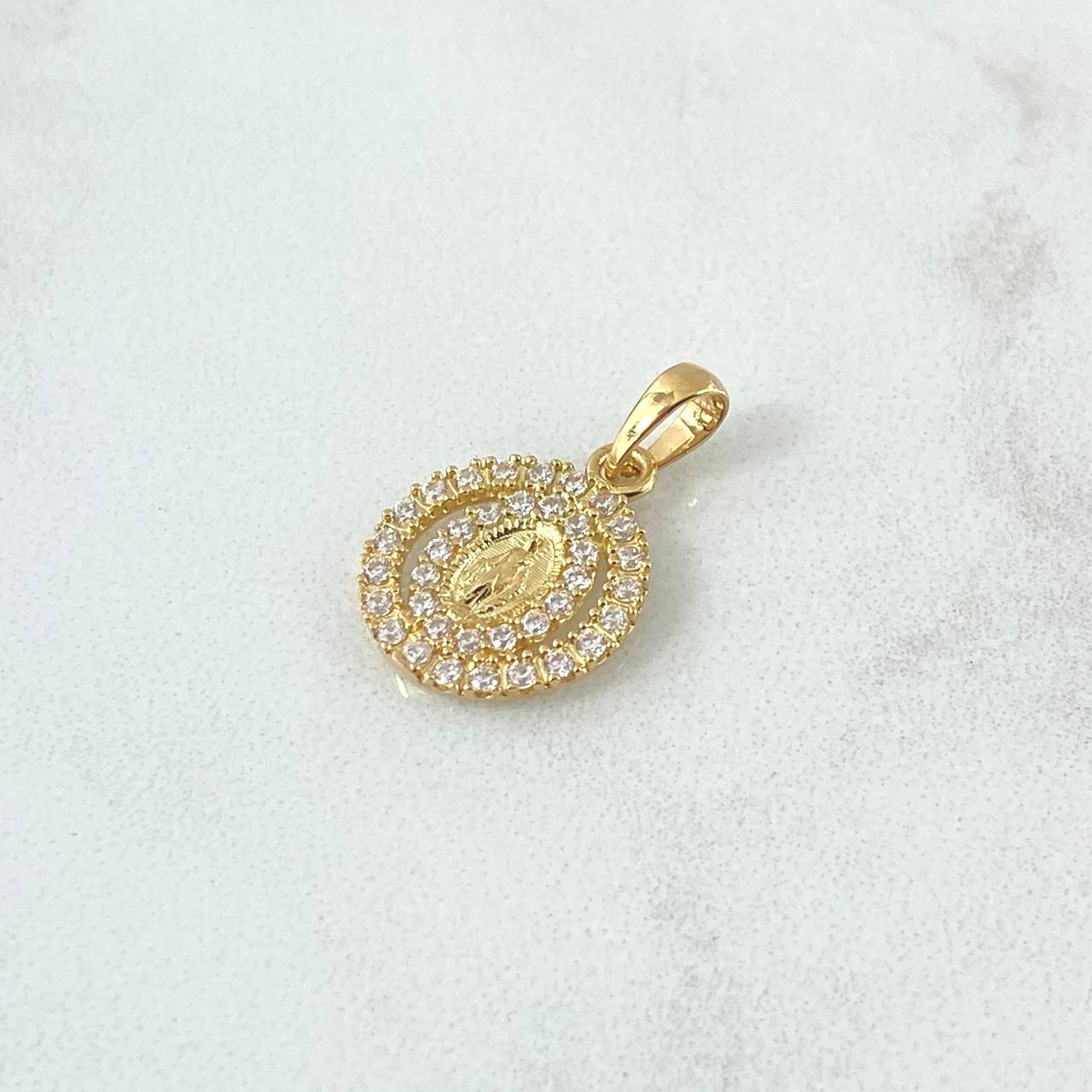 Dije Virgen Milagrosa Doble Aro 1.45gr / 1.9cm / Circones Blancos Oro Amarillo 18K