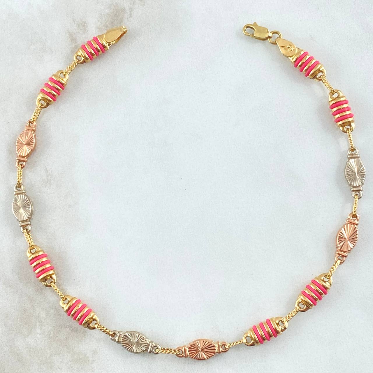 Rustic Anklet 2x2 Oval Diamond Cut 6.25gr / 25cm / Fuchsia Rubber Three Golds 18K