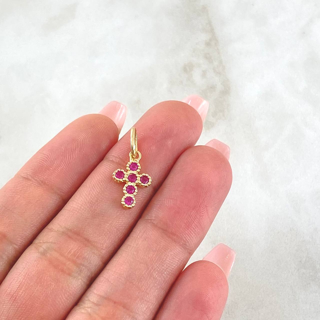 Pendant Thick Cross 1gr / 2cm / Fuchsia Zircons Yellow Gold 18K
