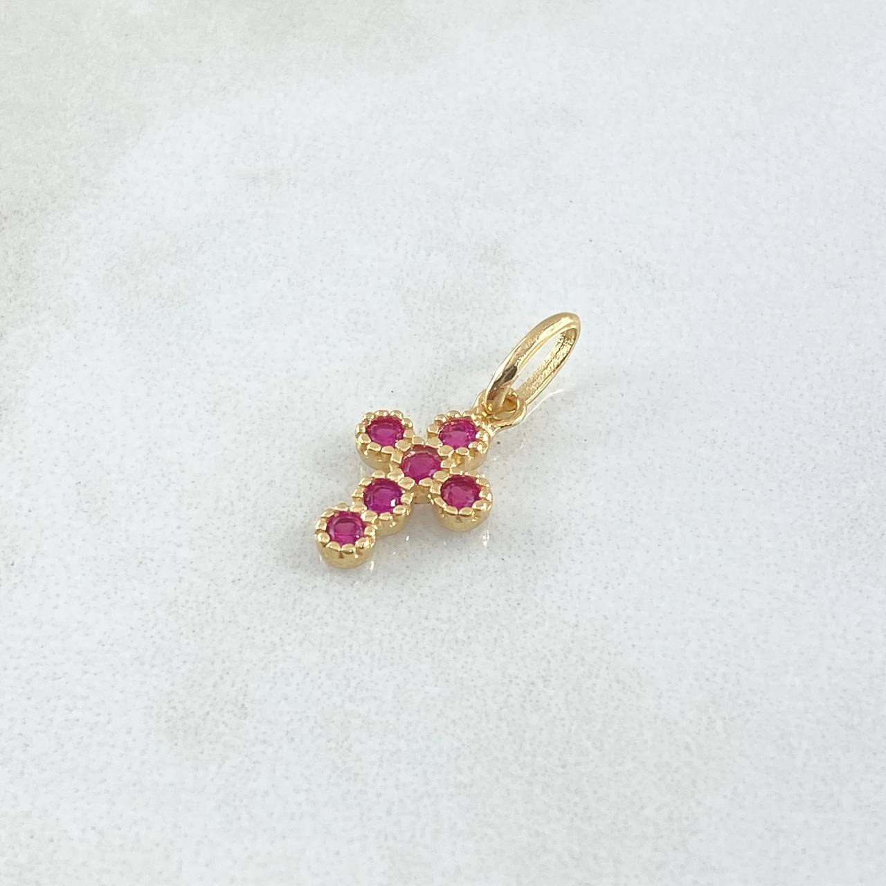 Pendant Thick Cross 1gr / 2cm / Fuchsia Zircons Yellow Gold 18K