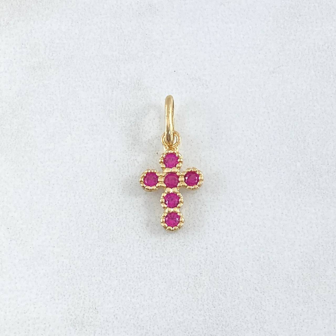Pendant Thick Cross 1gr / 2cm / Fuchsia Zircons Yellow Gold 18K