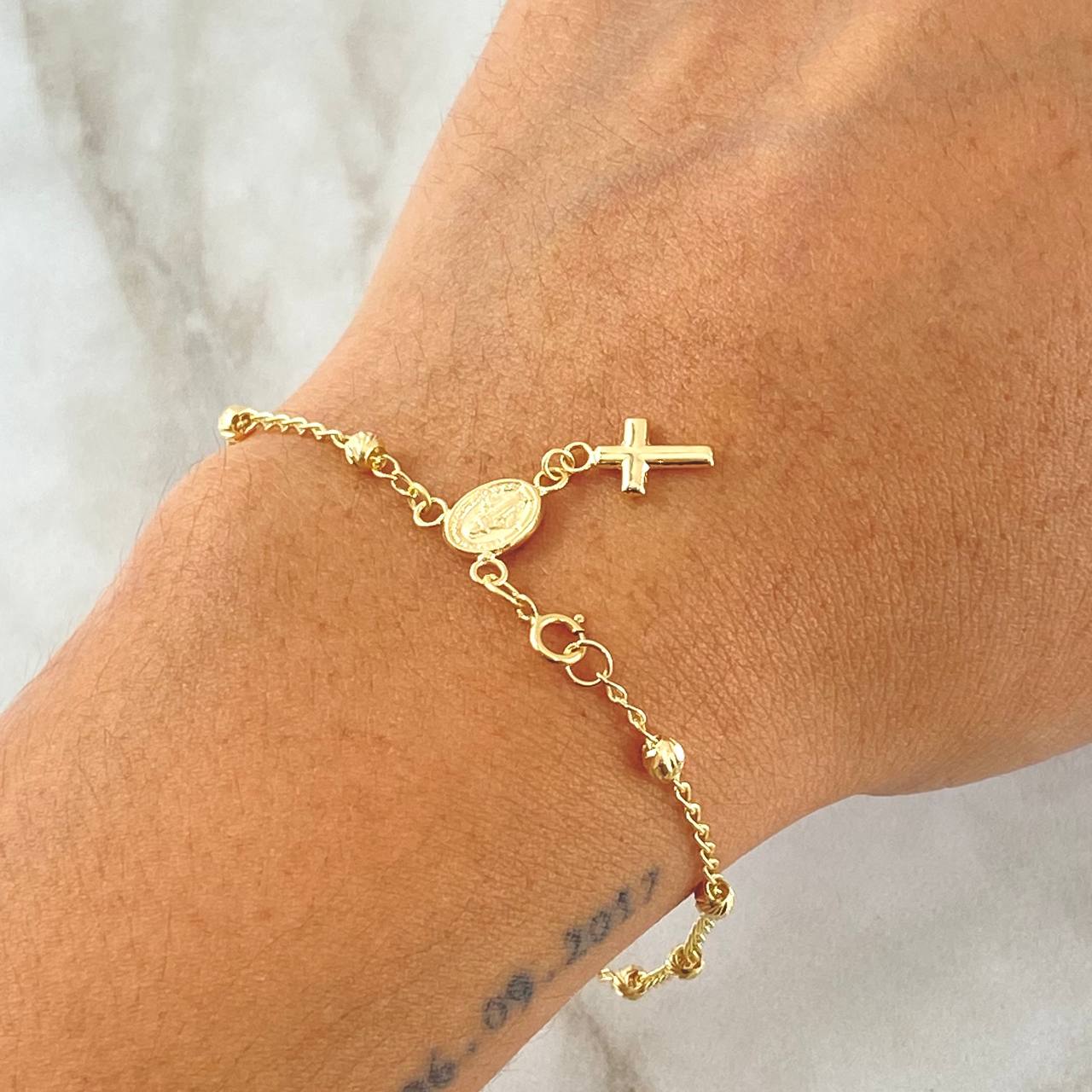 Pulso Denario Virgen Milagrosa 2.15gr / 18.5cm / 3mm Diamantado Oro Amarillo 18K