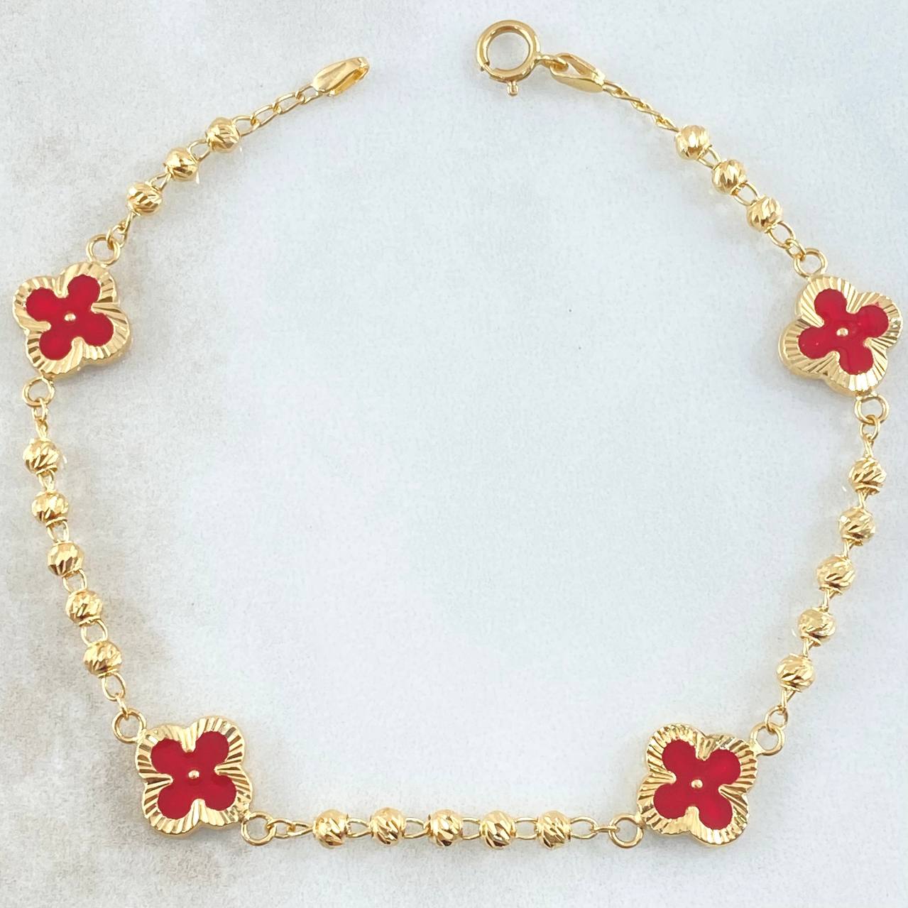 Pulso Trebol Rojo 4.55gr / 20cm / Oro Amarillo 18K *