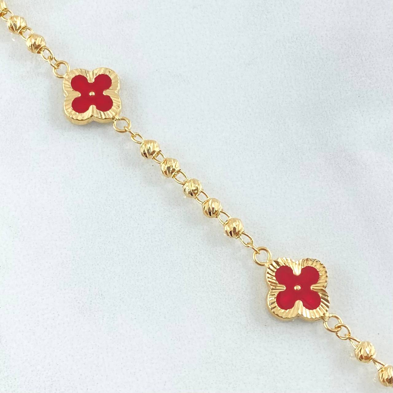 Pulso Trebol Rojo 4.55gr / 20cm / Oro Amarillo 18K *