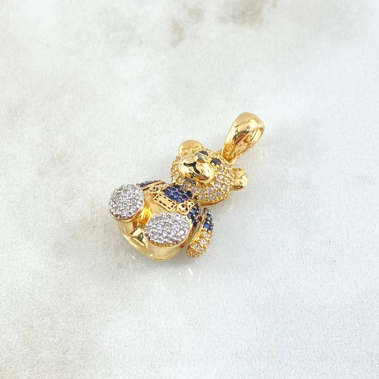 Pendant Articulated Bear Overalls 6.3gr / 2.9cm / White Blue Zircons 18K Yellow Gold ©