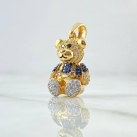 Pendant Articulated Bear Overalls 6.3gr / 2.9cm / White Blue Zircons 18K Yellow Gold ©