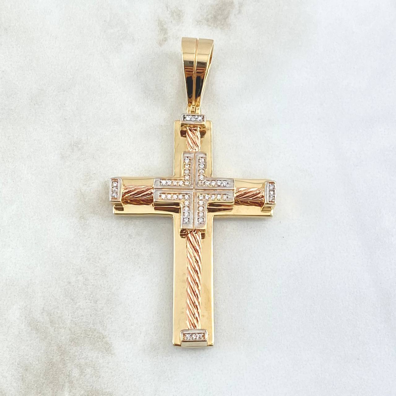Pendant Cubic Wire Cross Straight 21gr / 6.4cm / White Zircons Two 18K Yellow Rose Gold ©