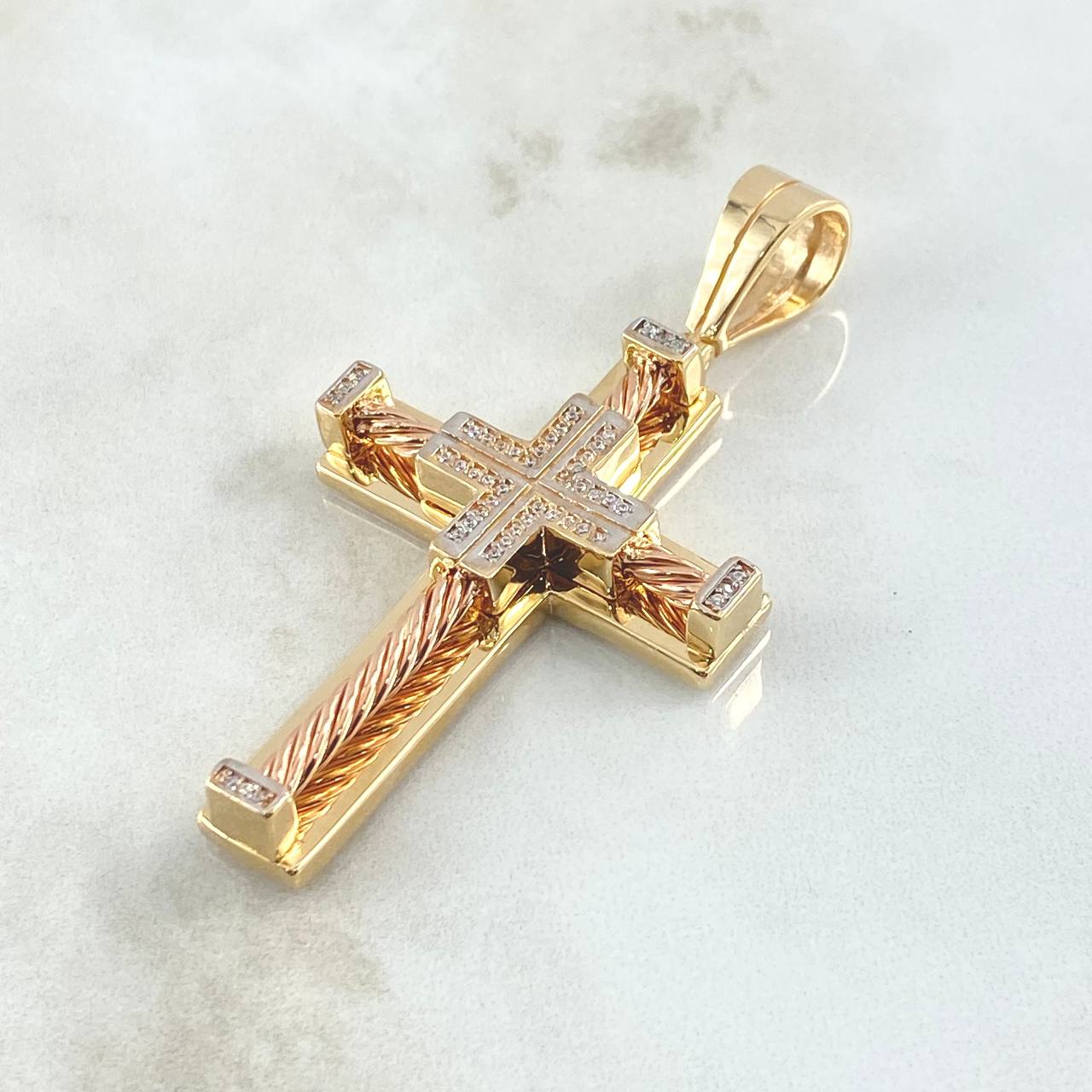 Pendant Cubic Wire Cross Straight 21gr / 6.4cm / White Zircons Two 18K Yellow Rose Gold ©