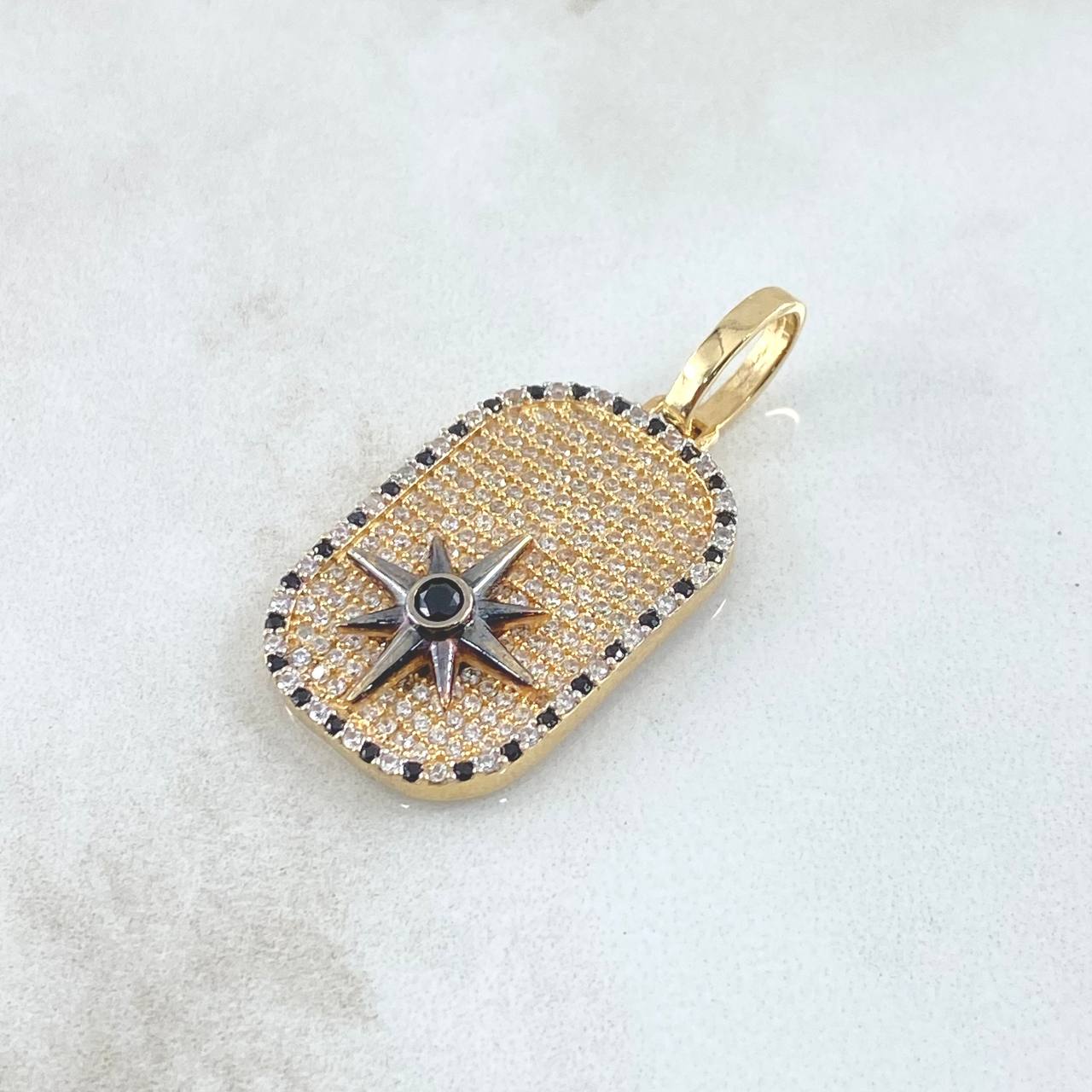 Pendant Cardinal Star Plate 6.05gr / 3.4cm / Relief White Black Zircons 18K Yellow Gold ©