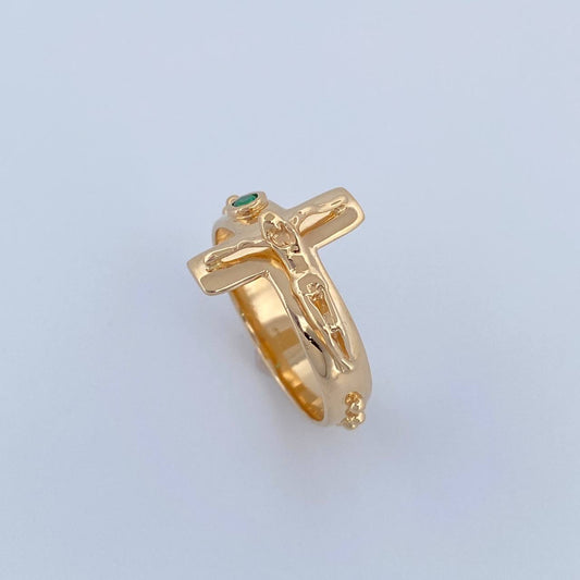 Anillo Cruz Cristo 6.3gr / T10 / Circon Verde Oro Amarillo 18K &