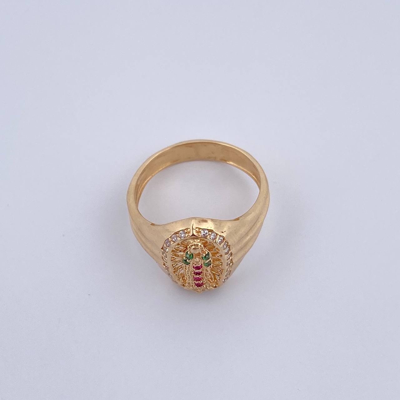 Virgin Guadalupe Ring 4.45gr / T6 3/4 / Fuchsia, Green, White Zircons 18K Gold &