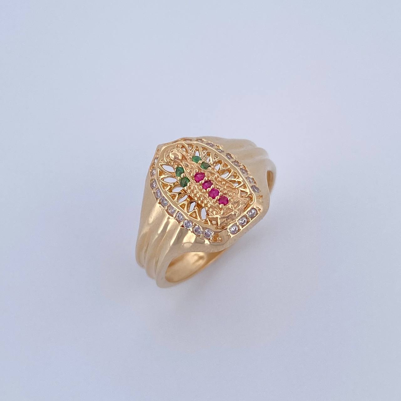 Virgin Guadalupe Ring 4.45gr / T6 3/4 / Fuchsia, Green, White Zircons 18K Gold &