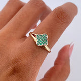 Anillo Trebol 2.45gr / T7 3/4 / Circones Verdes Dos Oros Amarillo Blanco 18K &