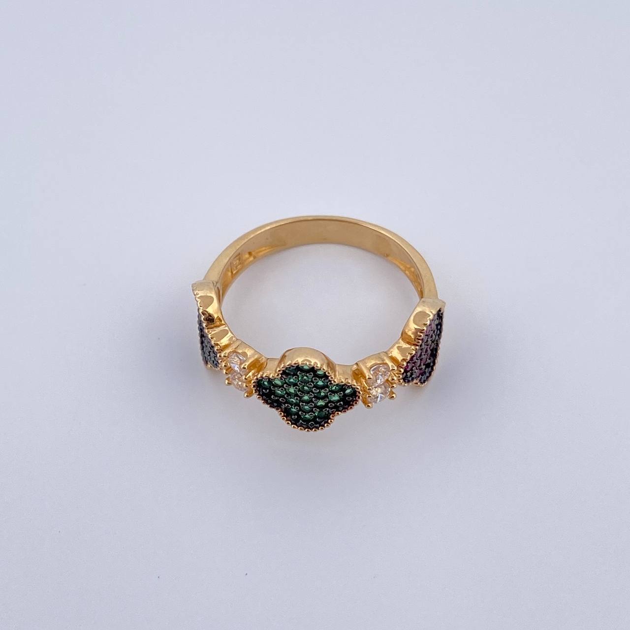 Anillo Treboles 3.35gr / T6 1/4 / Circones Azules Verdes Fucsias Blancos Dos Oros Negro Amarillo 18K &