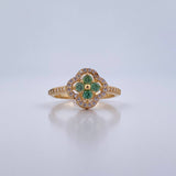 Anillo Trebol 2.9gr / T6 1/4 / Circones Verdes Blancos Oro Amarillo 18K &