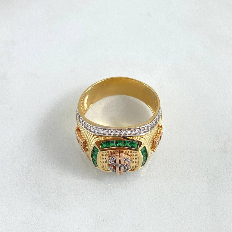 Crowned Dollar Square Ring 11.6gr / Size 10 1/4 / White and Green Zircons Three 18K Golds