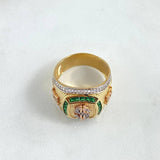 Crowned Dollar Square Ring 11.6gr / Size 10 1/4 / White and Green Zircons Three 18K Golds