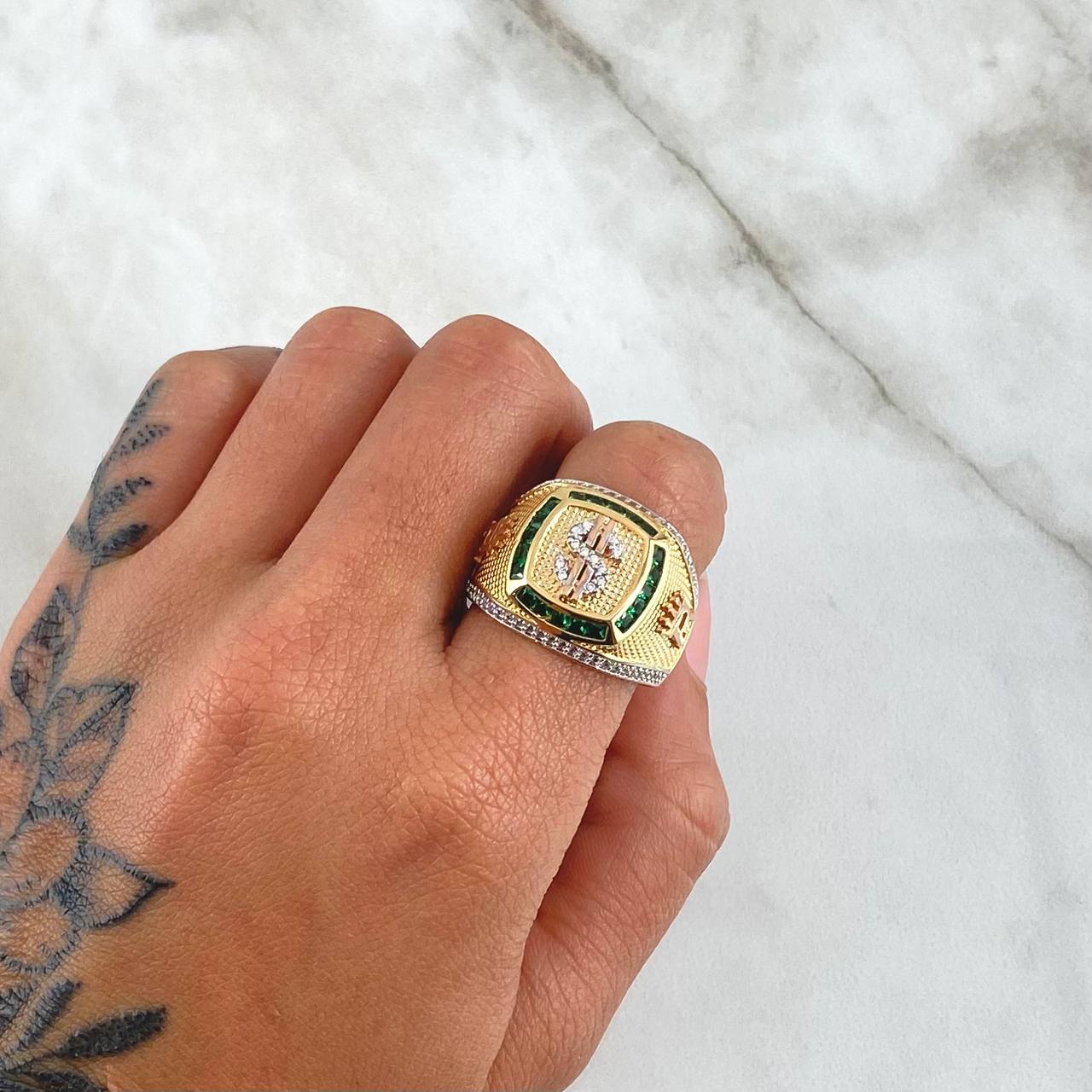 Crowned Dollar Square Ring 11.6gr / Size 10 1/4 / White and Green Zircons Three 18K Golds