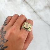 Crowned Dollar Square Ring 11.6gr / Size 10 1/4 / White and Green Zircons Three 18K Golds